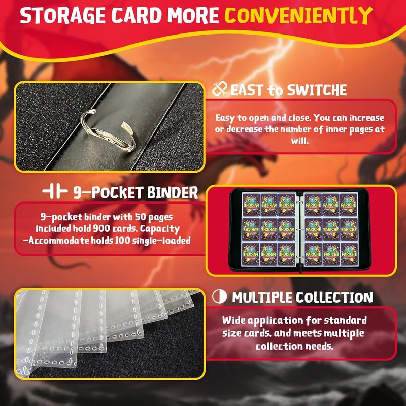 FARICHE Trading Card Binder for TCG Cards, 9-Pocket Portable Card Collector Ablum Holder Book Fits 900 Cards with 50 Removable Sleeve, Waterproof Card Binder Display Storage Carrying Cases for TCG- Dragon - Image 3